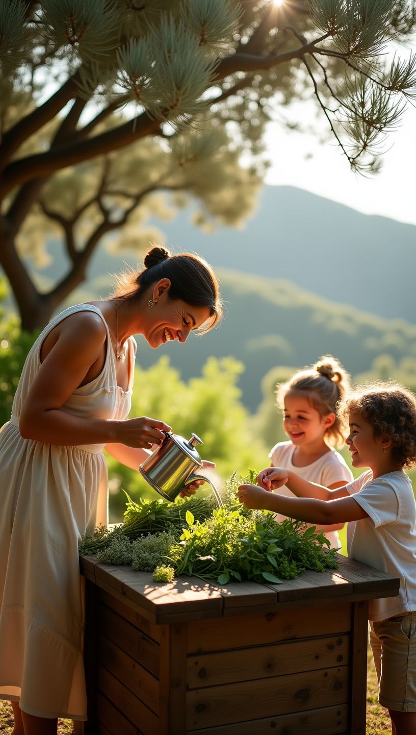 Διαδικασία παρασκευής τσαγιού με βότανα σε καφετιέρα, με ατμό να ανεβαίνει.