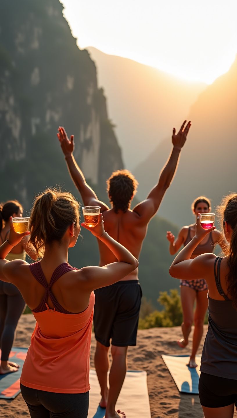 Φωτογραφία γιόγκα με βουνά στο παρασκήνιο