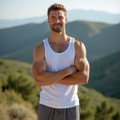 Γιόγκι σε στάση ισορροπίας σε καταπράσινο τοπίο